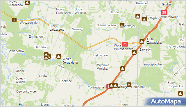 mapa Pękoszew, Pękoszew na mapie Targeo