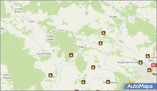 mapa Pełty gmina Myszyniec, Pełty gmina Myszyniec na mapie Targeo