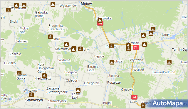 mapa Pępice gmina Mniów, Pępice gmina Mniów na mapie Targeo