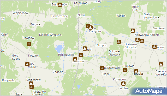 mapa Piaski gmina Słupia Konecka, Piaski gmina Słupia Konecka na mapie Targeo