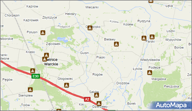 mapa Piaski gmina Świnice Warckie, Piaski gmina Świnice Warckie na mapie Targeo