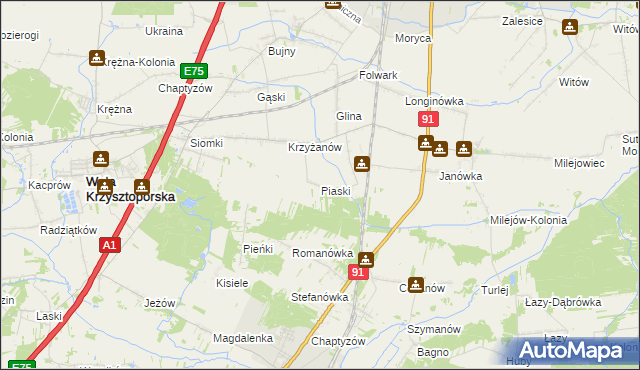 mapa Piaski gmina Wola Krzysztoporska, Piaski gmina Wola Krzysztoporska na mapie Targeo