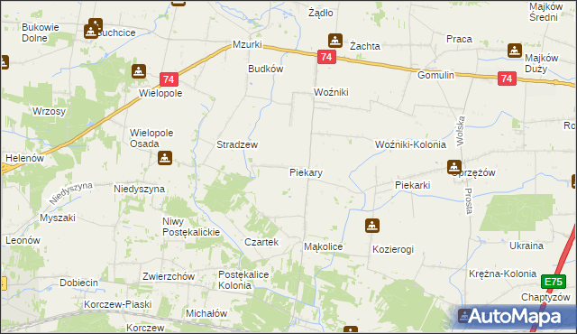 mapa Piekary gmina Wola Krzysztoporska, Piekary gmina Wola Krzysztoporska na mapie Targeo