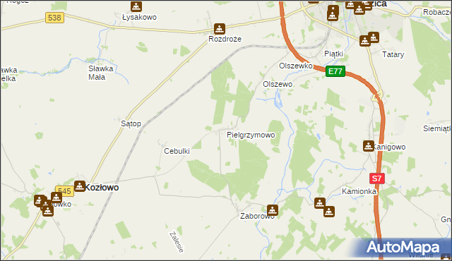 mapa Pielgrzymowo gmina Kozłowo, Pielgrzymowo gmina Kozłowo na mapie Targeo