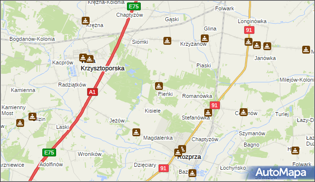 mapa Pieńki gmina Rozprza, Pieńki gmina Rozprza na mapie Targeo