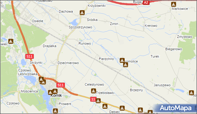 mapa Pierzchno gmina Kórnik, Pierzchno gmina Kórnik na mapie Targeo