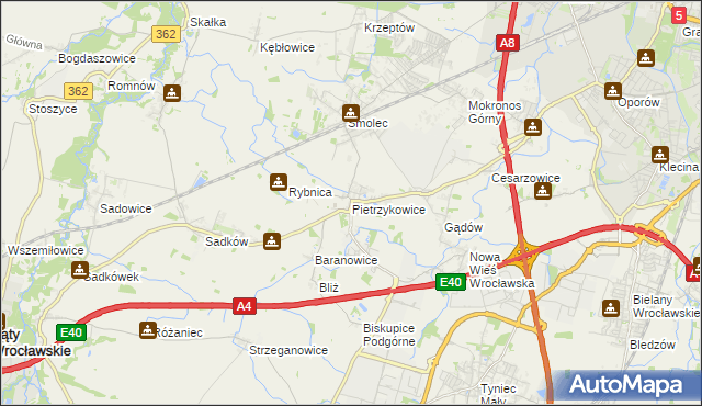 mapa Pietrzykowice gmina Kąty Wrocławskie, Pietrzykowice gmina Kąty Wrocławskie na mapie Targeo