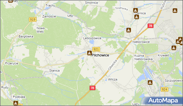 mapa Pilchowice powiat gliwicki, Pilchowice powiat gliwicki na mapie Targeo