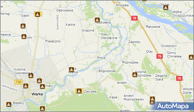 mapa Pilica gmina Warka, Pilica gmina Warka na mapie Targeo