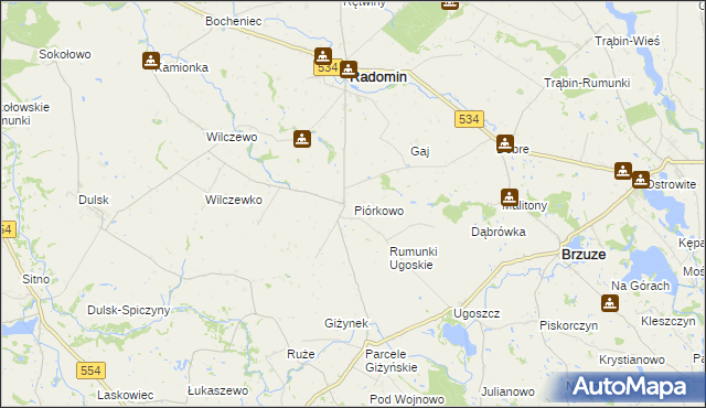 mapa Piórkowo gmina Radomin, Piórkowo gmina Radomin na mapie Targeo