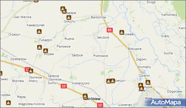 mapa Piotrowice gmina Warta, Piotrowice gmina Warta na mapie Targeo