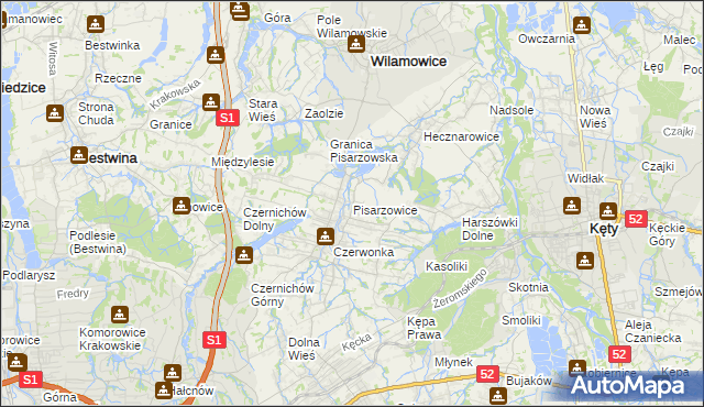 mapa Pisarzowice gmina Wilamowice, Pisarzowice gmina Wilamowice na mapie Targeo