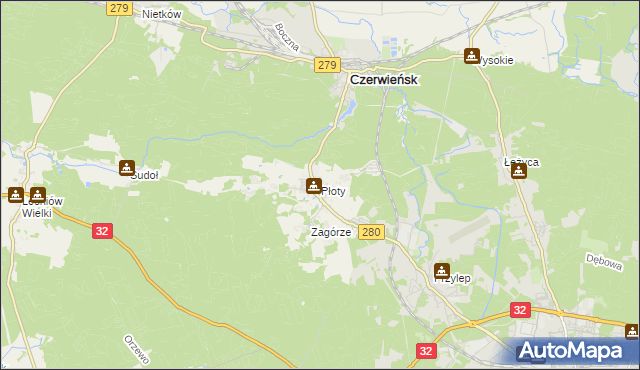 mapa Płoty gmina Czerwieńsk, Płoty gmina Czerwieńsk na mapie Targeo