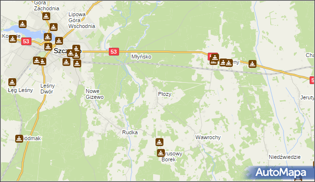 mapa Płozy, Płozy na mapie Targeo