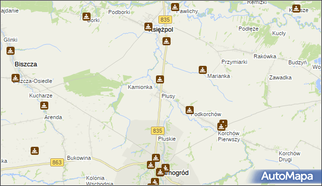 mapa Płusy gmina Księżpol, Płusy gmina Księżpol na mapie Targeo