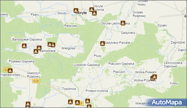 mapa Płusy gmina Obryte, Płusy gmina Obryte na mapie Targeo