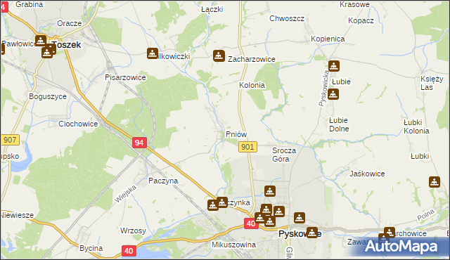 mapa Pniów gmina Toszek, Pniów gmina Toszek na mapie Targeo