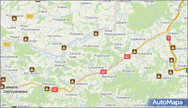 mapa Podchybie gmina Lanckorona, Podchybie gmina Lanckorona na mapie Targeo