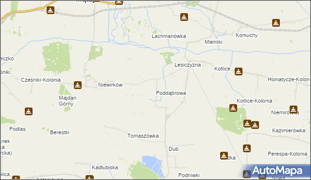 mapa Poddąbrowa gmina Miączyn, Poddąbrowa gmina Miączyn na mapie Targeo