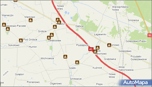 mapa Poddębice gmina Włocławek, Poddębice gmina Włocławek na mapie Targeo