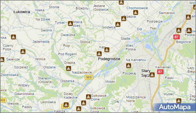 mapa Podegrodzie powiat nowosądecki, Podegrodzie powiat nowosądecki na mapie Targeo