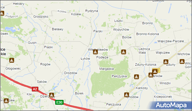 mapa Podłęże gmina Świnice Warckie, Podłęże gmina Świnice Warckie na mapie Targeo