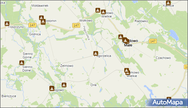 mapa Pogorzelica gmina Radowo Małe, Pogorzelica gmina Radowo Małe na mapie Targeo