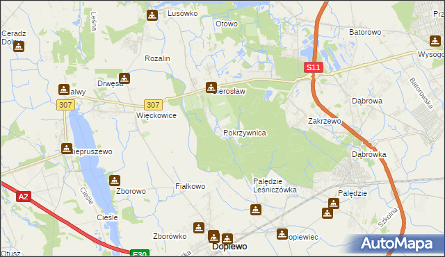 mapa Pokrzywnica gmina Dopiewo, Pokrzywnica gmina Dopiewo na mapie Targeo