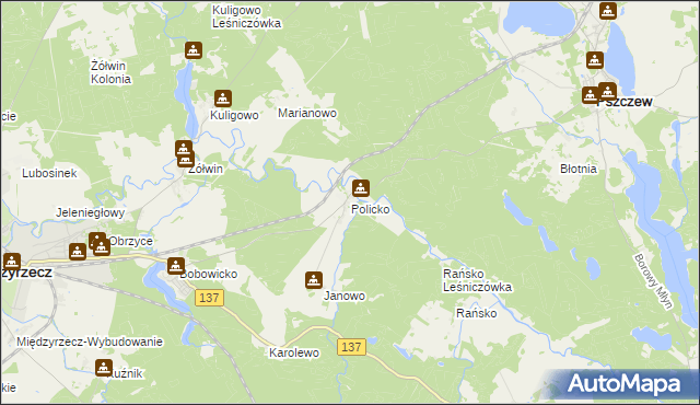 mapa Policko gmina Pszczew, Policko gmina Pszczew na mapie Targeo