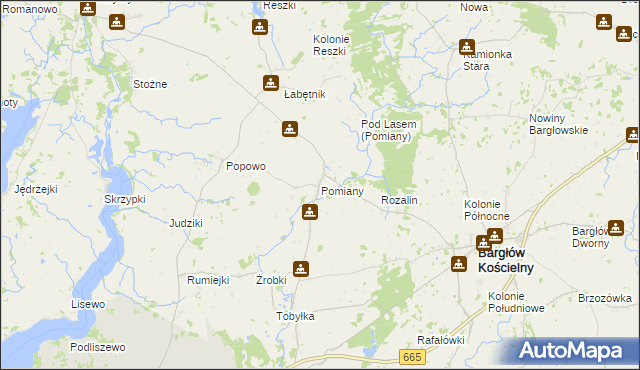 mapa Pomiany gmina Bargłów Kościelny, Pomiany gmina Bargłów Kościelny na mapie Targeo