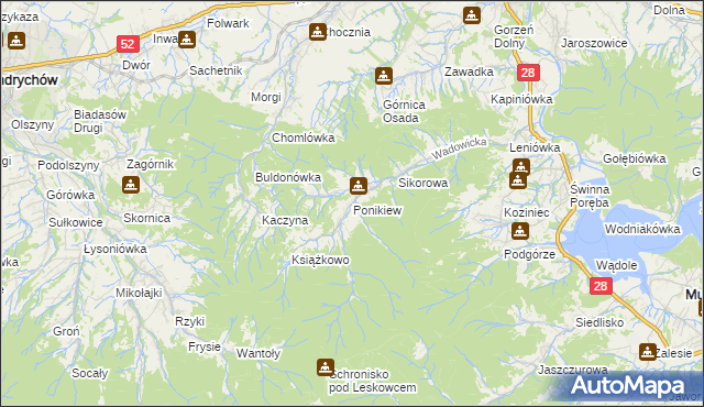 mapa Ponikiew gmina Wadowice, Ponikiew gmina Wadowice na mapie Targeo