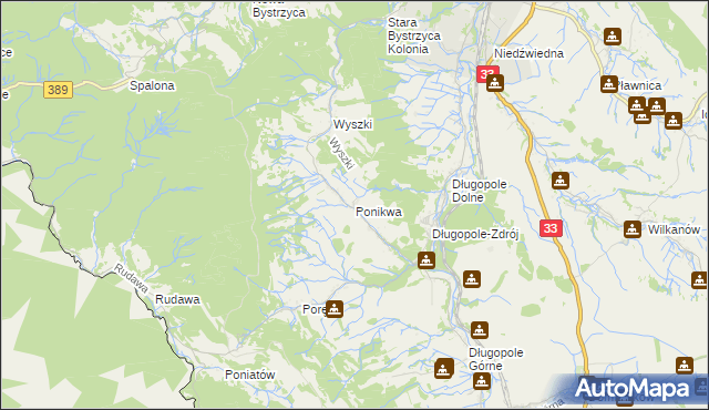 mapa Ponikwa gmina Bystrzyca Kłodzka, Ponikwa gmina Bystrzyca Kłodzka na mapie Targeo