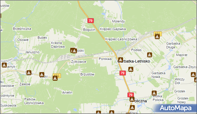 mapa Ponikwa gmina Garbatka-Letnisko, Ponikwa gmina Garbatka-Letnisko na mapie Targeo