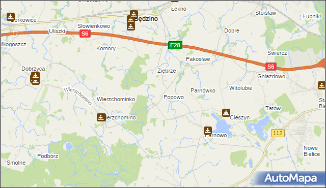 mapa Popowo gmina Będzino, Popowo gmina Będzino na mapie Targeo