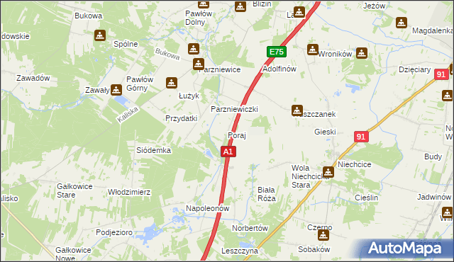 mapa Poraj gmina Wola Krzysztoporska, Poraj gmina Wola Krzysztoporska na mapie Targeo