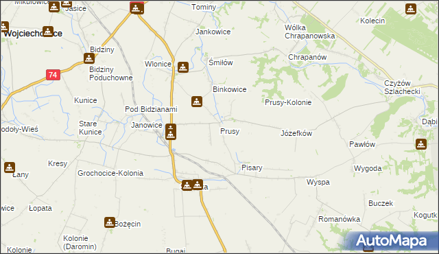 mapa Prusy gmina Ożarów, Prusy gmina Ożarów na mapie Targeo