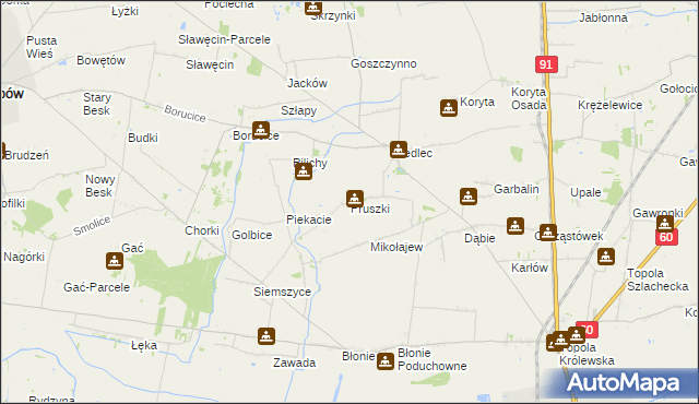 mapa Pruszki gmina Łęczyca, Pruszki gmina Łęczyca na mapie Targeo