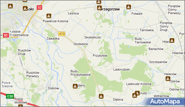 mapa Przybyłów gmina Koło, Przybyłów gmina Koło na mapie Targeo