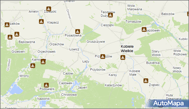 mapa Przybyszów gmina Kobiele Wielkie, Przybyszów gmina Kobiele Wielkie na mapie Targeo