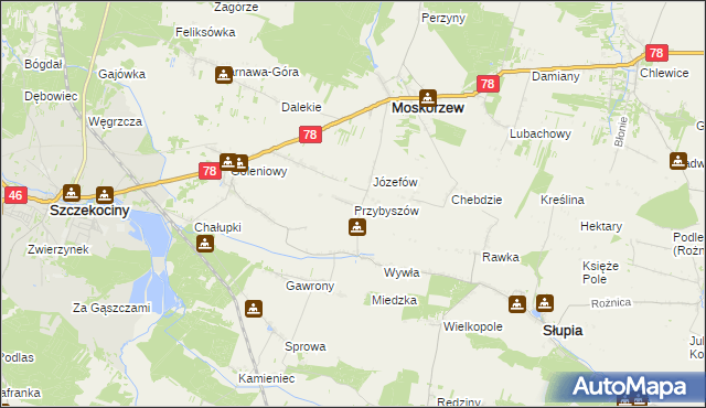 mapa Przybyszów gmina Moskorzew, Przybyszów gmina Moskorzew na mapie Targeo