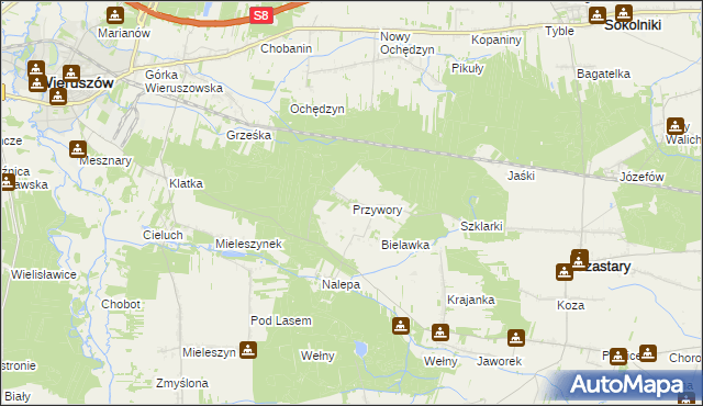 mapa Przywory gmina Czastary, Przywory gmina Czastary na mapie Targeo