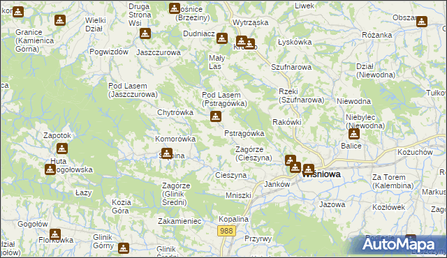 mapa Pstrągówka gmina Wiśniowa, Pstrągówka gmina Wiśniowa na mapie Targeo