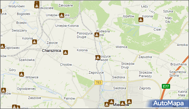 mapa Pstroszyce Pierwsze, Pstroszyce Pierwsze na mapie Targeo