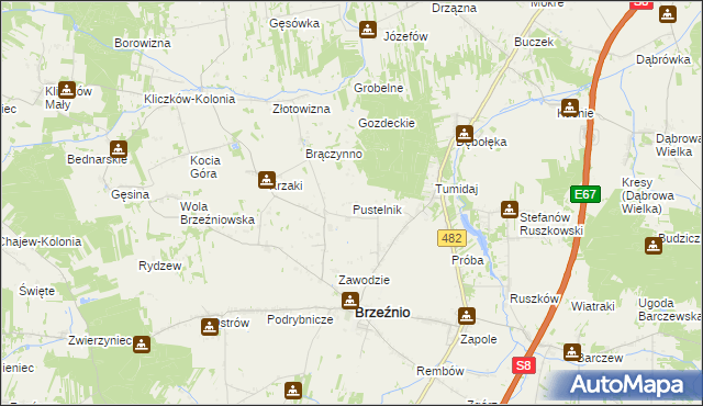 mapa Pustelnik gmina Brzeźnio, Pustelnik gmina Brzeźnio na mapie Targeo