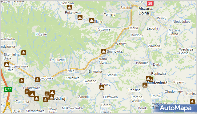 mapa Raba Niżna, Raba Niżna na mapie Targeo