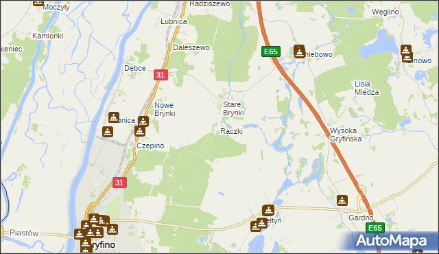 mapa Raczki gmina Gryfino, Raczki gmina Gryfino na mapie Targeo