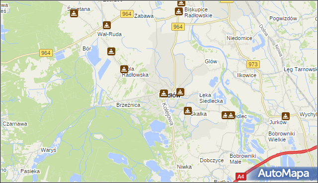 mapa Radłów powiat tarnowski, Radłów powiat tarnowski na mapie Targeo