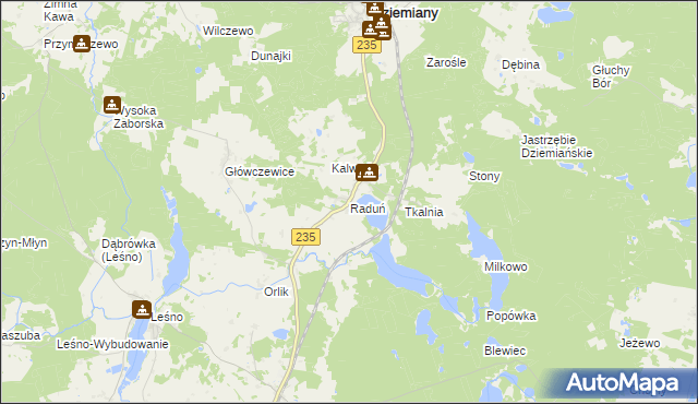 mapa Raduń gmina Dziemiany, Raduń gmina Dziemiany na mapie Targeo