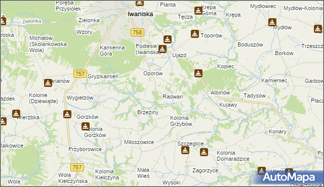 mapa Radwan gmina Iwaniska, Radwan gmina Iwaniska na mapie Targeo