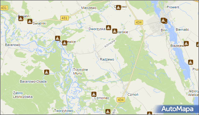 mapa Radzewo gmina Kórnik, Radzewo gmina Kórnik na mapie Targeo